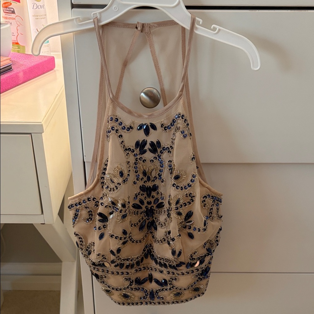 NWOT B. Darlin Formal Halter w Navy Beading